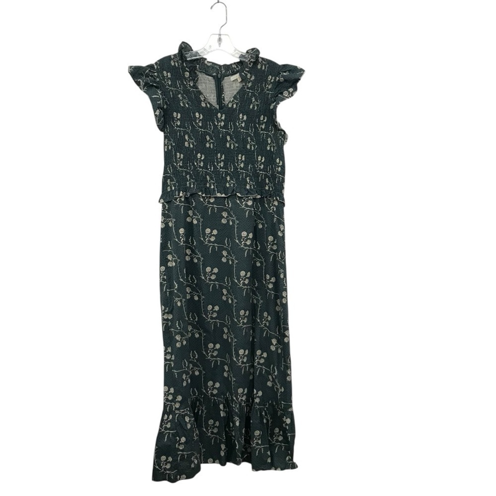 Anna Cate Pleated Tiered Floral Maxi Dress in Blue Size Medium Flutter Sleeve